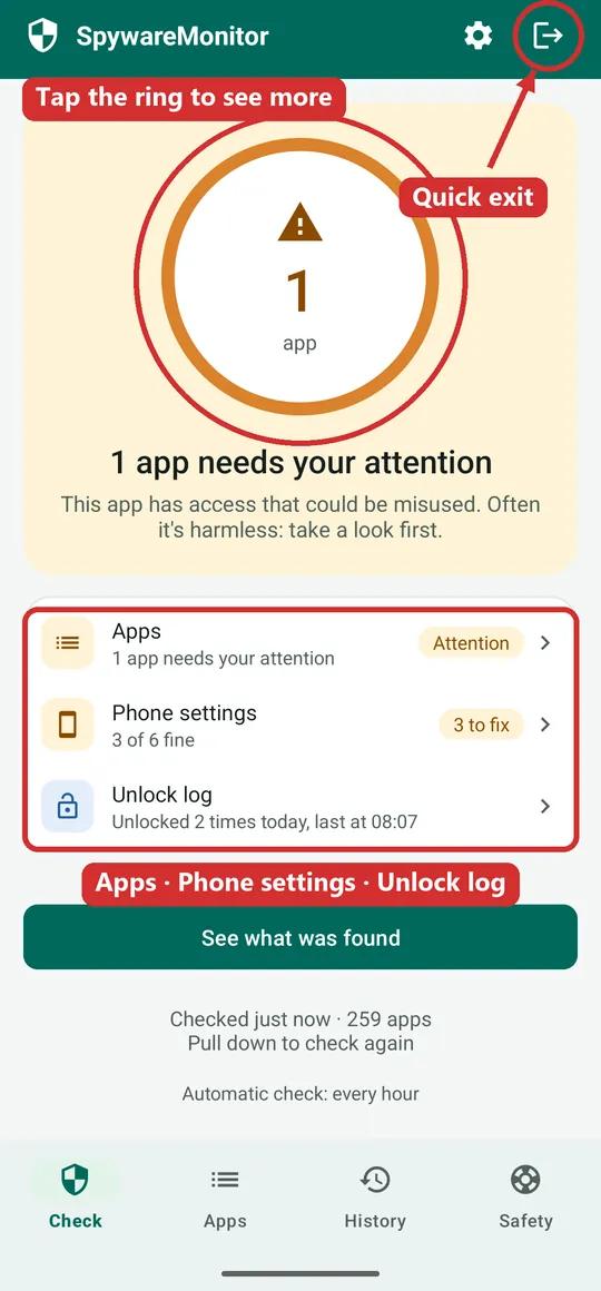 SpywareMonitor Check screen: an orange ring with '1 app needs your attention', circled in red, the cards Apps, Phone settings and Unlock log in a red box, and an arrow to the quick exit button at the top right