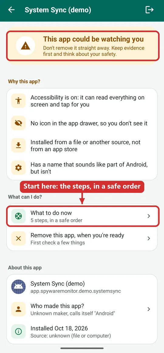 The page of a found app: 'This app could be watching you' boxed in red, the reasons why, and an arrow to 'What to do now, 5 steps, in a safe order'