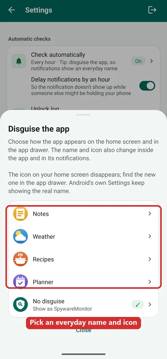 The Disguise the app options boxed in red: Notes, Weather, Recipes and Planner