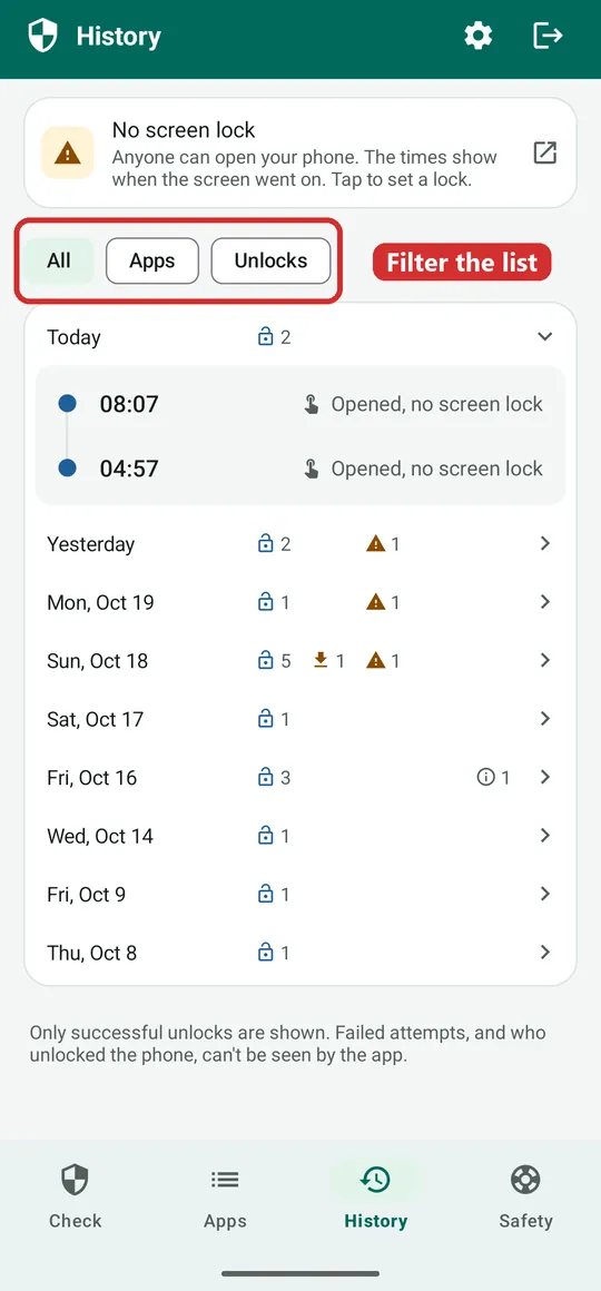 The History tab with the filter buttons All, Apps and Unlocks boxed in red, above a list of days with unlocks
