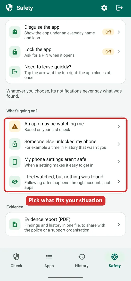 The Safety tab with the four situations boxed in red: An app may be watching me, Someone else unlocked my phone, My phone settings aren't safe, I feel watched but nothing was found