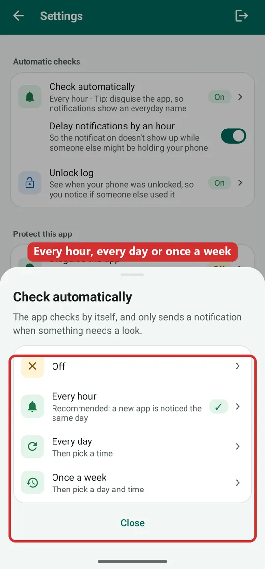 The Check automatically options boxed in red: Off, Every hour, Every day and Once a week