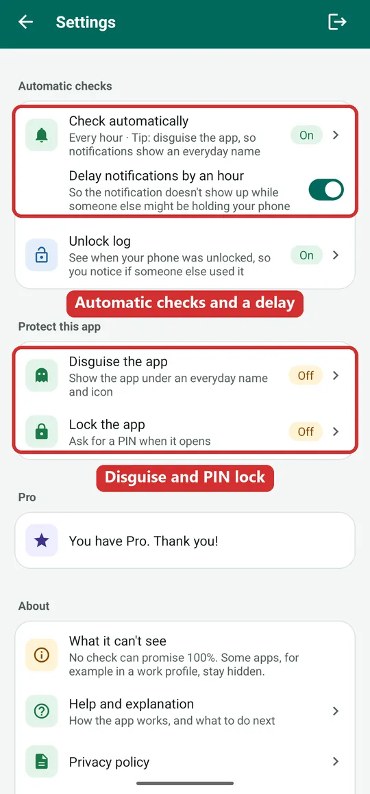SpywareMonitor Settings with Automatic checks and Delay notifications boxed in red, and Disguise the app and Lock the app boxed in red