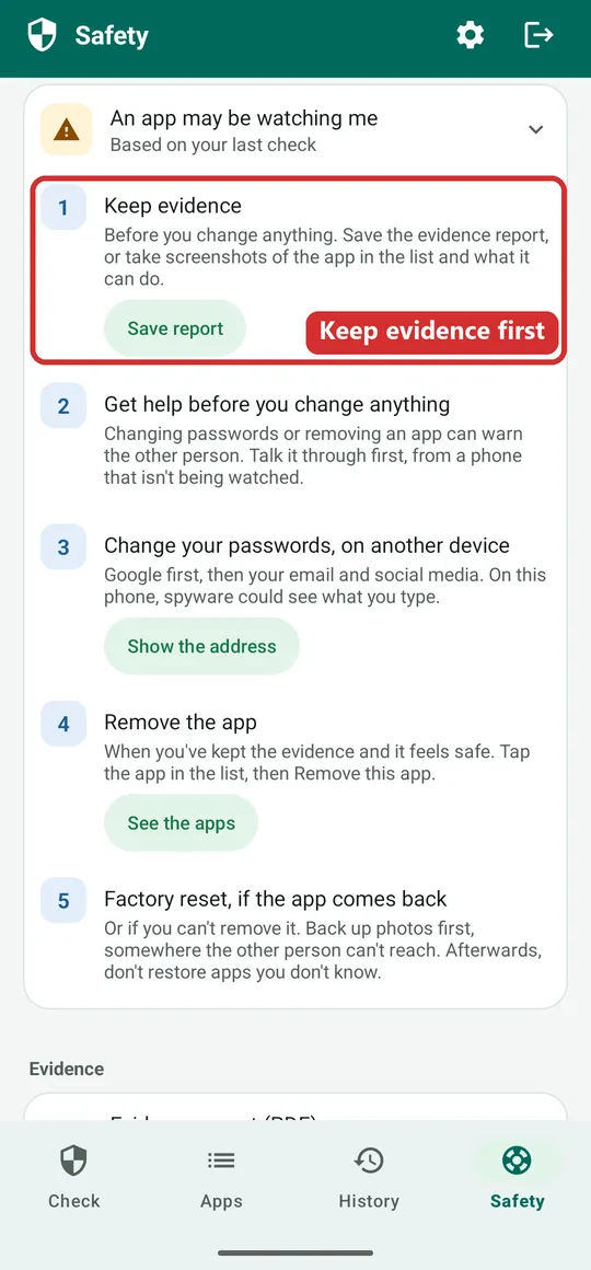 The steps for 'An app may be watching me', with step 1 'Keep evidence' and its Save report button boxed in red