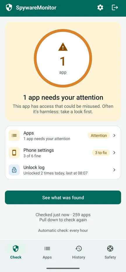 SpywareMonitor check screen showing an app that needs attention and phone safety cards