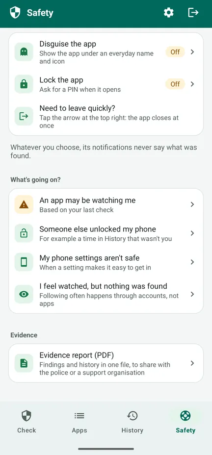 SpywareMonitor Safety tab with options for different phone safety concerns